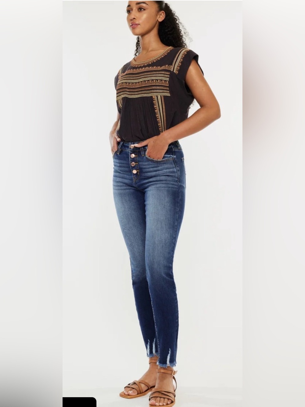 KanCan Jenny High-Rise Button-Fly Distressed Dark Blue Jeans - Picture 4 of 9